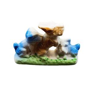 Vintage Hand-Painted Porcelain Figurine Of A Dog & Puppies On Grass